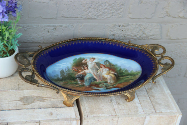 Antique French Centerpiece bowl tray in Sevres porcelain victorian bronze frame