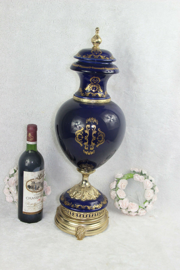 XL French Limoges blue romantic victorian Vase satyr devil heads base