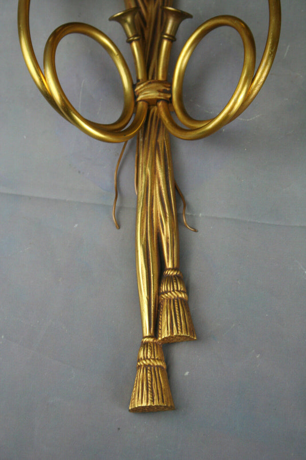 PAIR hunting horn brass 2 arms sconces wall ligts lamp 1920 French