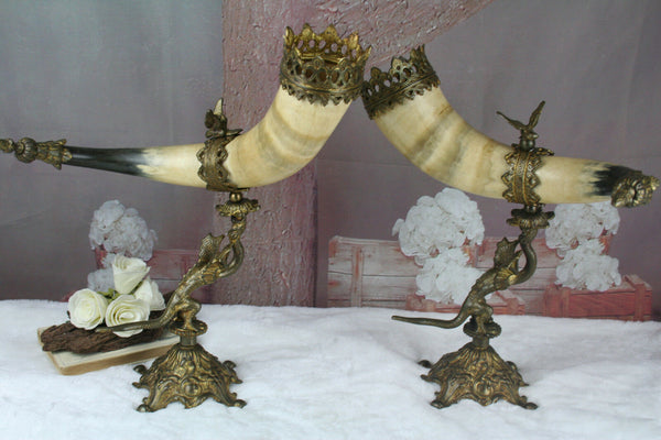 PAIR antique Cornucopia horn Gothic dragon chimaera with eagle on top rare