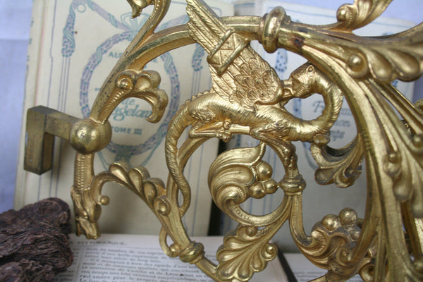 19th c French GOTHIC DRAGONS Chimaera XL Church candle holders sconce 3 arms