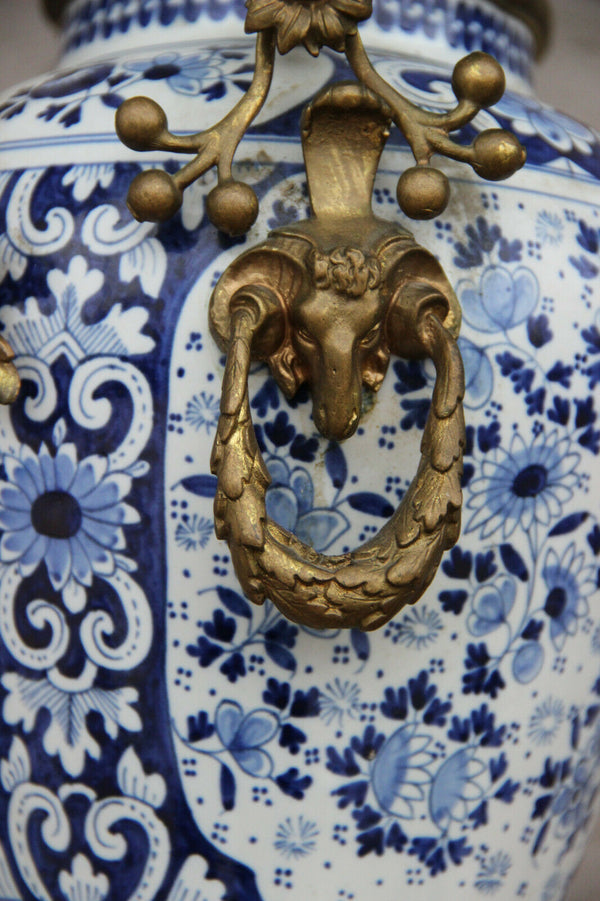 Huge Delft blue white pottery bird clock ram heads bronze ornaments rare