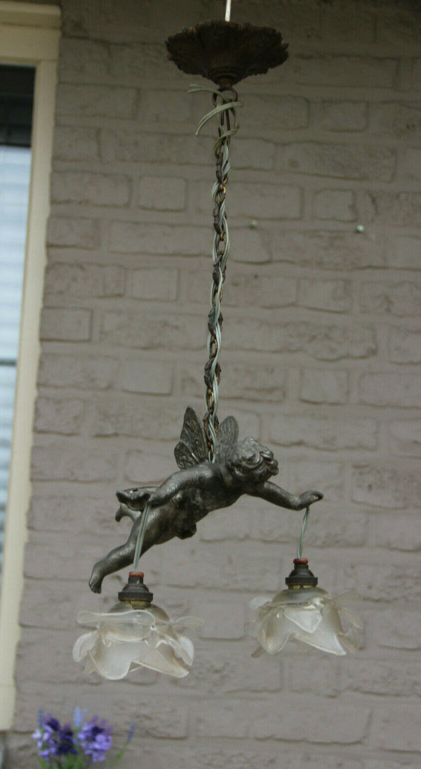 Superb antique parisian spelter bronze putti angel pendant lantern chandelier