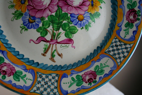 PAIR Faience pottery Plates floral hand paint decor French 1950's signed