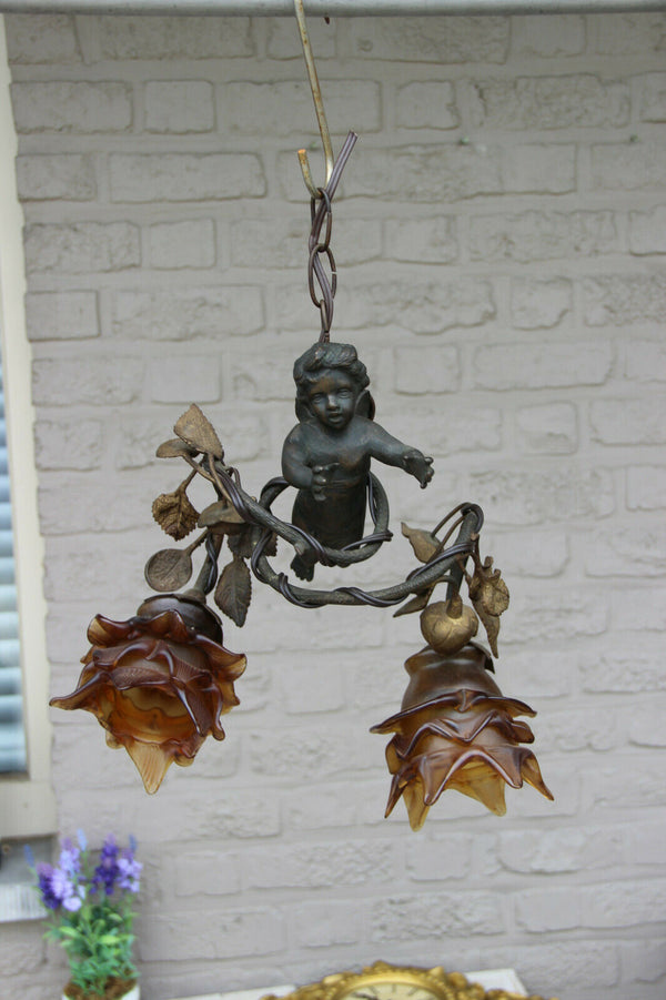 Antique french bronze putti angel 2 arm pendant lamp chandelier rose bush rare