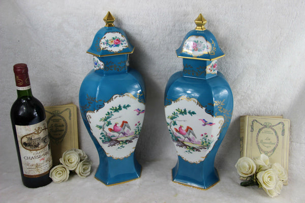 Pair French Limoges porcelain marked Vases Birds decor turquoise blue