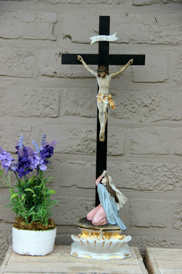 Antique 19thc french vieux paris porcelain Holy water font crucifix magdalena