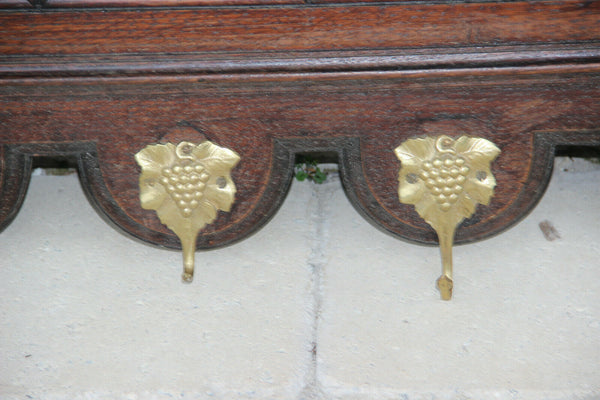 Huge Antique oak wood carved wall coat rack delft pottery tiles 1920s