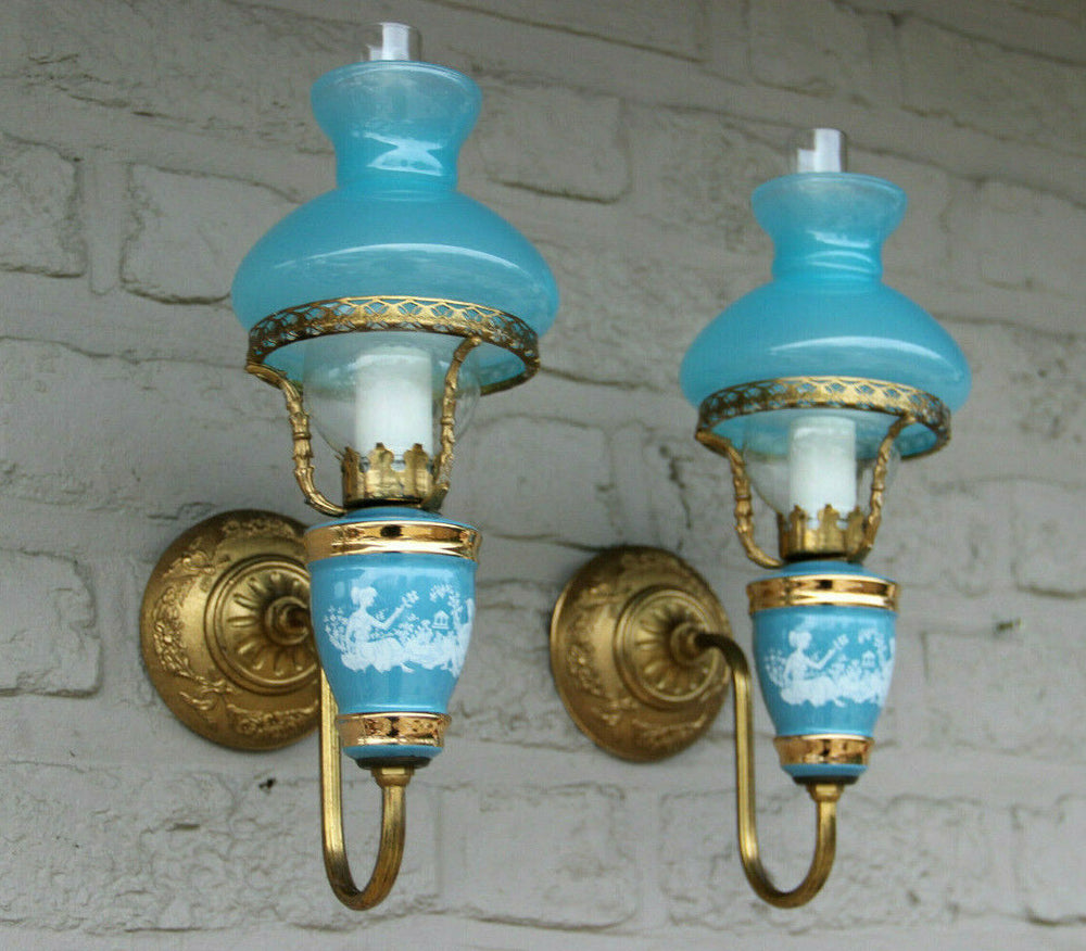 PAIR French vintage opaline Blue glass  turquoise Wall lights sconces romantic