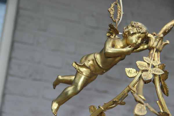 Antique French Bronze Winged putti angel figurine chandelier pendant lamp 3 arm