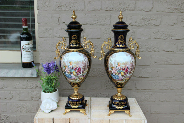 PAIR Cobalt blue porcelain Vases victorian romantic scenes marked 1960