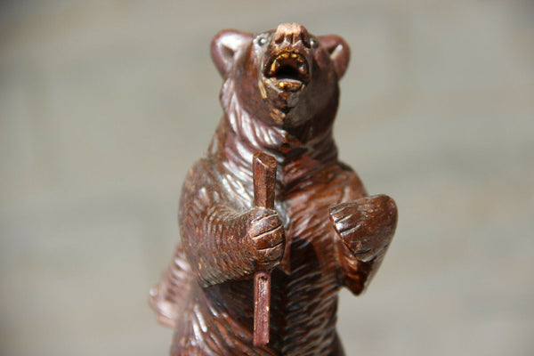 Antique hand Black forest wood carved swiss bear statue ashtray