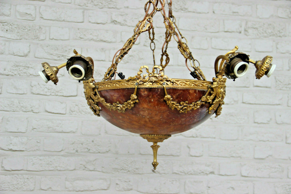 Top Antique French  Alabaster coupe bowl caryatid heads Chandelier amber