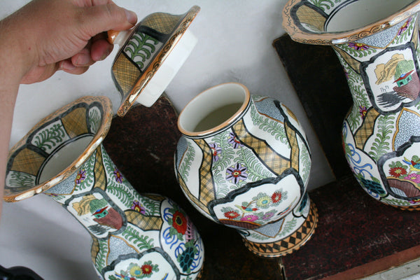 Set 3 pottery Petrus regout Vases Set birds floral decor marked Delft decor