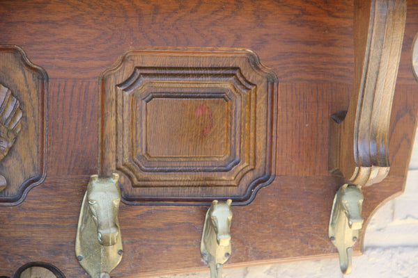 Vintage French wood carved Coat rack brass horse head hooks