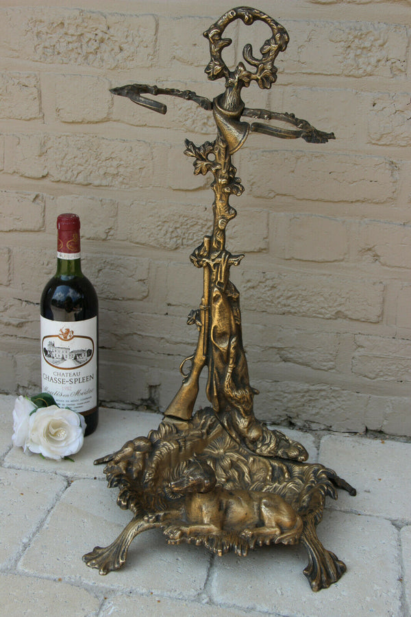 French vintage 1950 Bronze umbrella stand holder hunt trophy rabbit dog horn