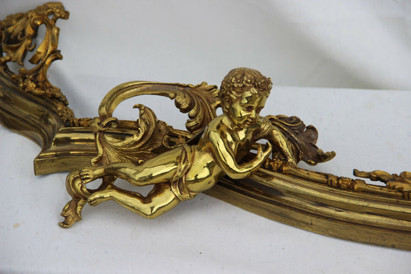 Very RARE PAIR Antique 19thc French Fireplace Curved Andirons set putti