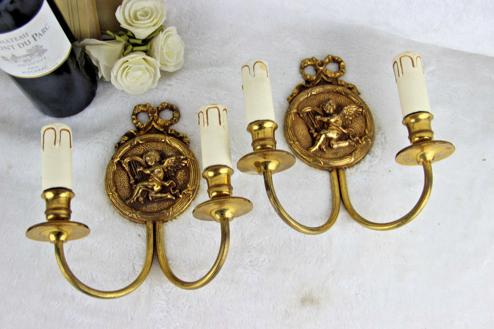 Gorgeous pair 1960's Putti angels cherubs Wall lights sconces brass louis XVI