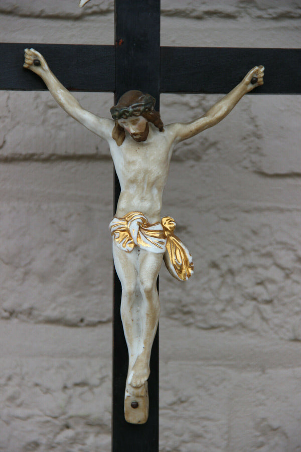 Antique 19thc french vieux paris porcelain Holy water font crucifix magdalena