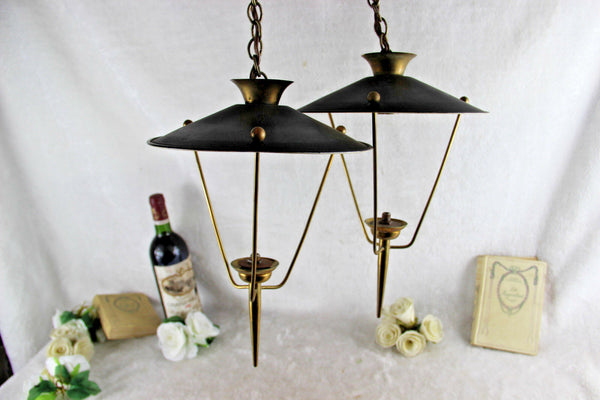 PAIR mid century Maison Arlus France 1960 pendant lantern lamps metal brass