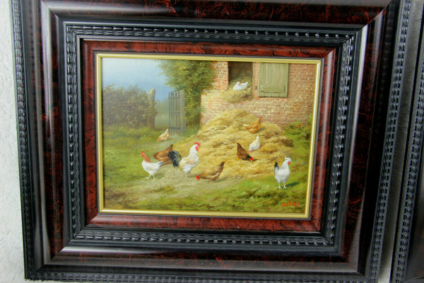 PAIR oil panel painting Sheep lamb chicken rooster farm signed HILAIRE BALS