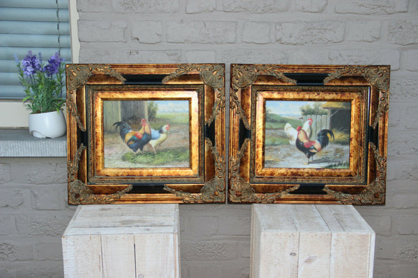 PAIR French vintage OIL panel Chicken rooster animal painting matching