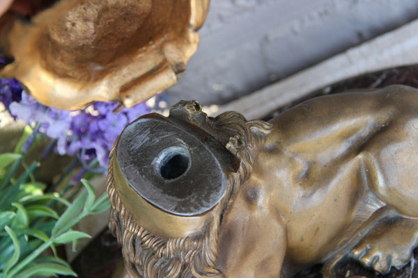 Antique Rare French bronze lion marble base inkwell desk