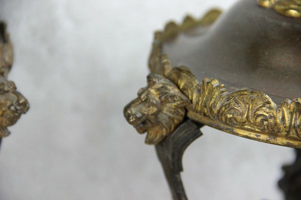 PAIR antique 19thc Bronze empire lion heads tripod cassolettes urns vases