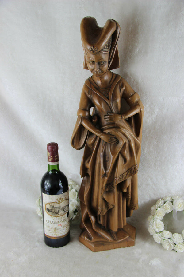 Antique LARGE Wood carved religious statue MAry of Burgundy signed
