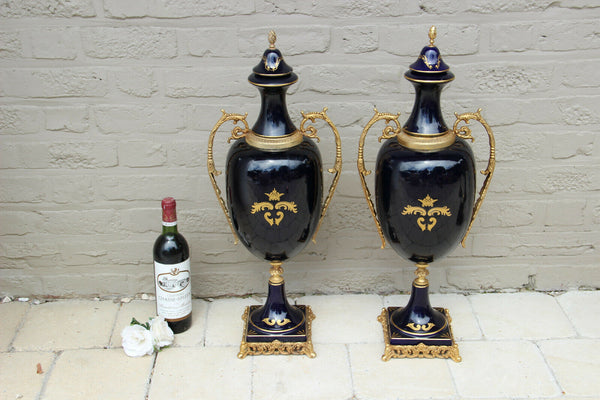 XXL PAIR French Limoges cobalt blue porcelain victorian scene vases