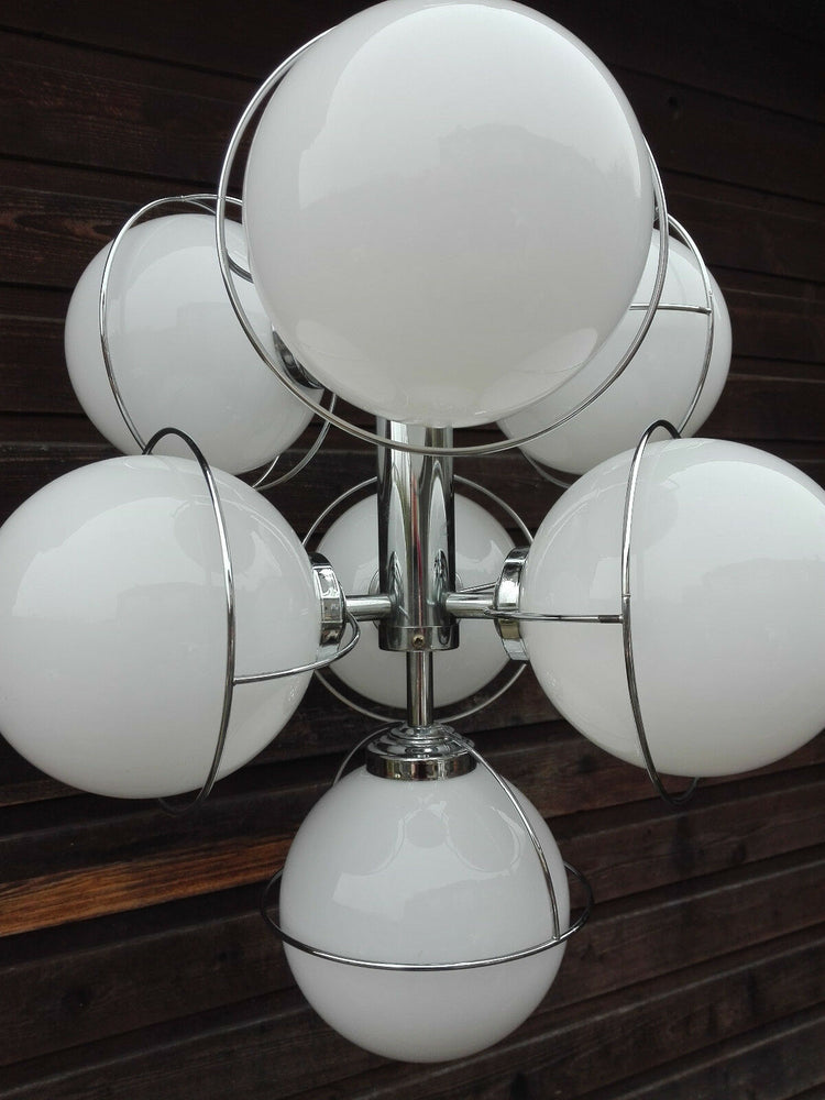 RETRO 70's Sputnik atomic Chandelier opaline glass globes chrome mid century