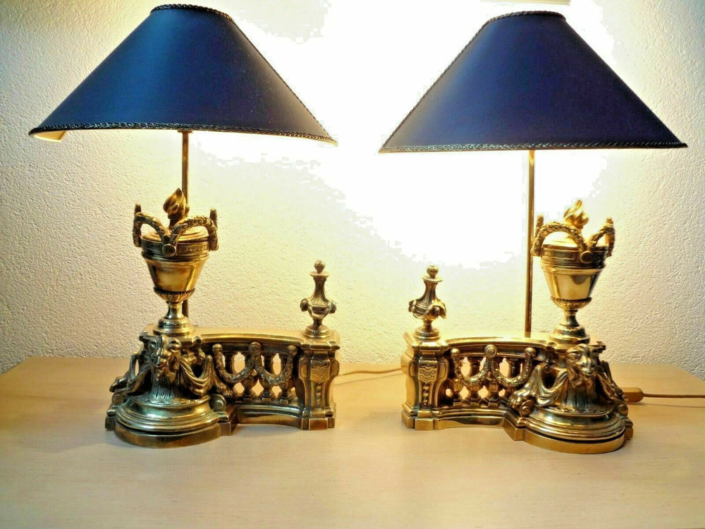 PAIR antique Bronze empire fireplace andirons lion heads mounted table lamps