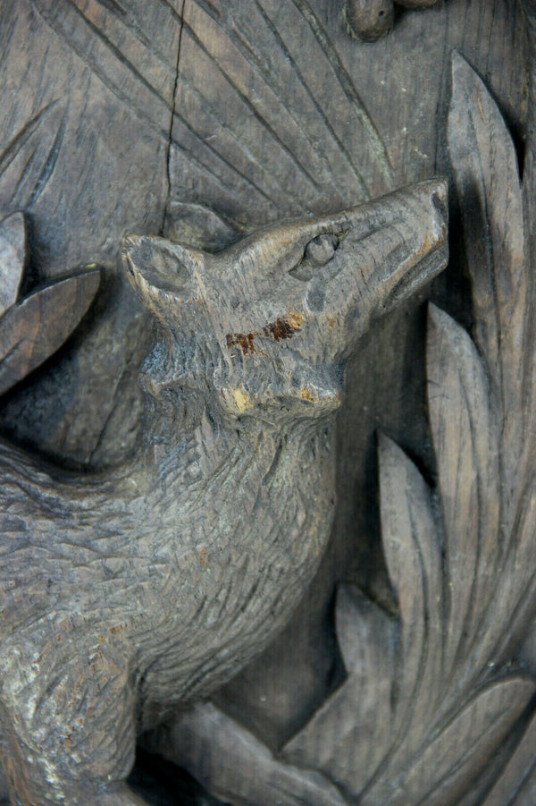 PAIR Antique black forest Wood carved oval plaques panel Dog fox hunting scene