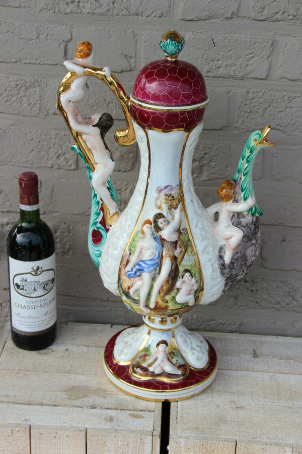 Rare Italian Capodimonte marked porcelain Ewer pitcher vase putti Swan mouth