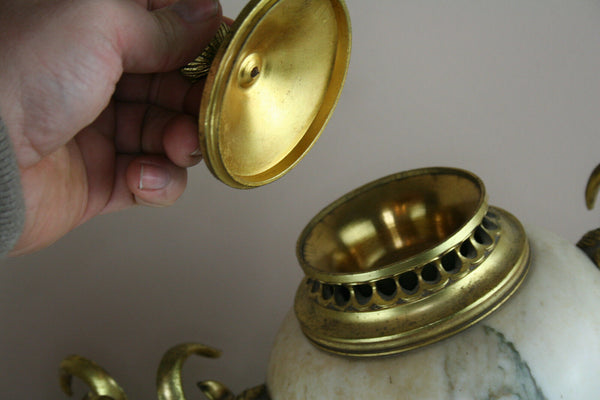 PAIR Huge French Marble Vases urns Ram heads bronze louis XVI decor 1900