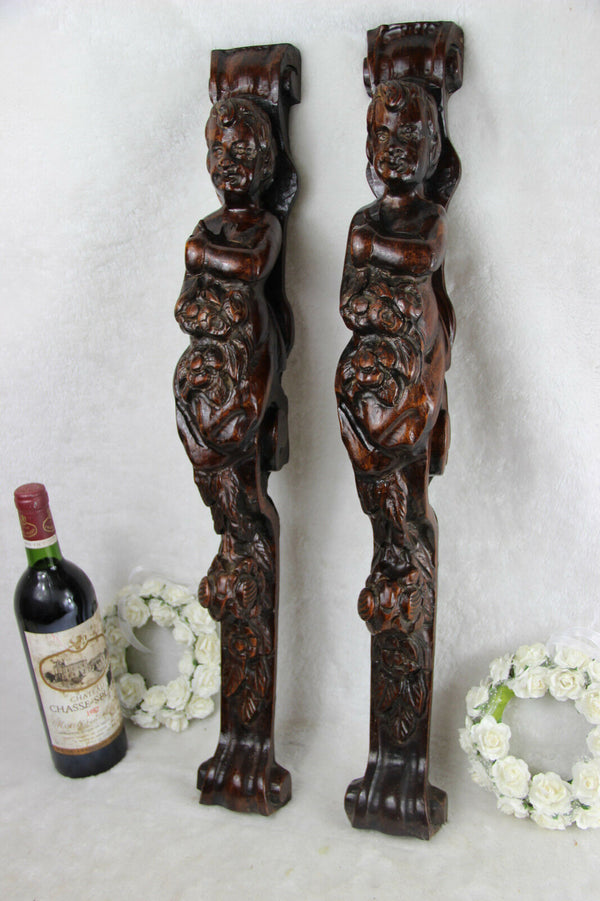 Antique PAIR French wood carved putti Angel panels cabinet parts baroque
