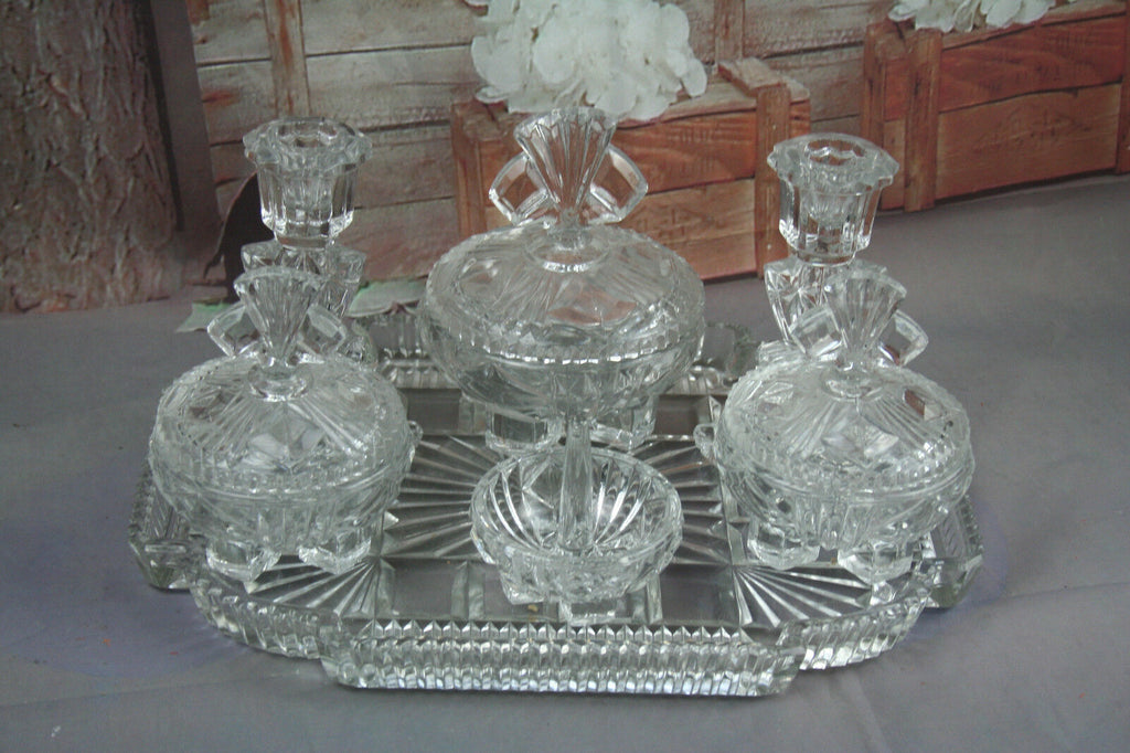 Vintage French pressed glass dressing table set including candlesticks 1960's