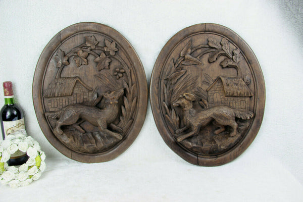 PAIR Antique black forest Wood carved oval plaques panel Dog fox hunting scene