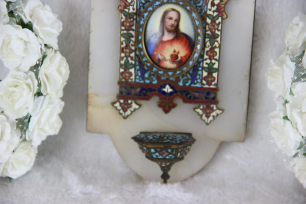 Antique French enamel Cloisonne Champleve saint jesus porcelain holy water font