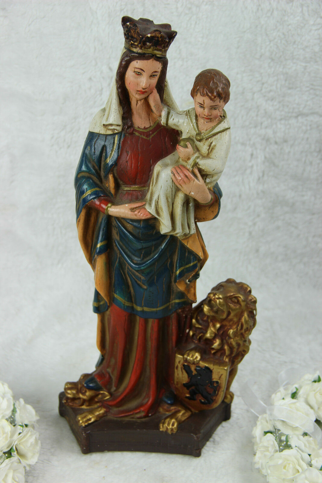 Antique chalkware Madonna Mary child lion snake statue figurine religious