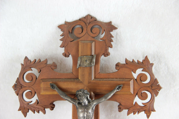 Antique French wood carved crucifix holy water font