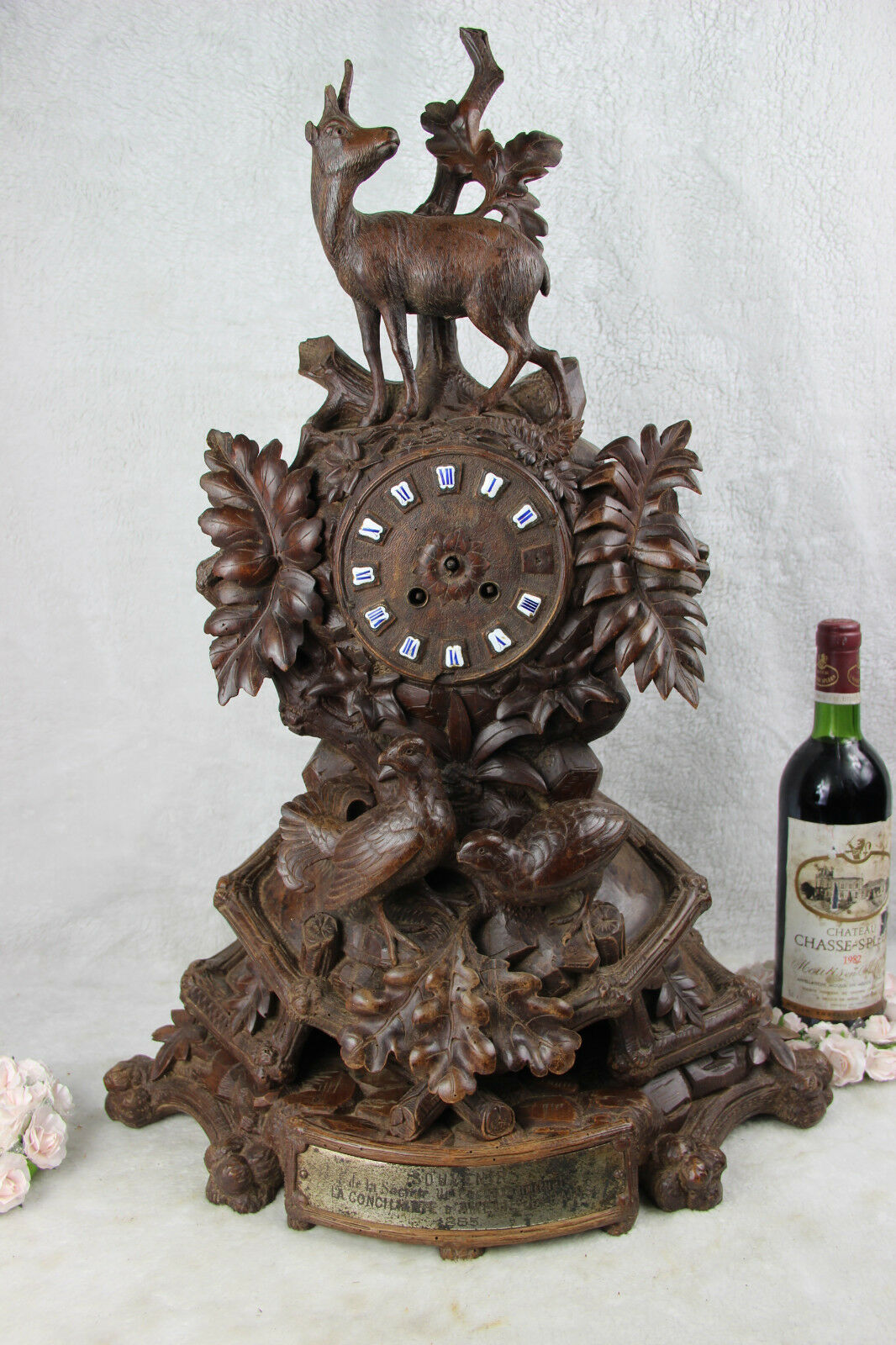 Huge BLACK FOREST wood carved 1885 Clock deer hunt birds marked