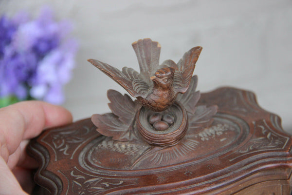 Antique Swiss black forest wood carved jewelry trinket box birds nest velvet
