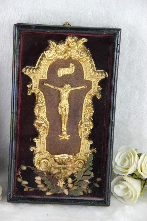 Antique french Napoleon III Crucifix holy font framed glass religious relic