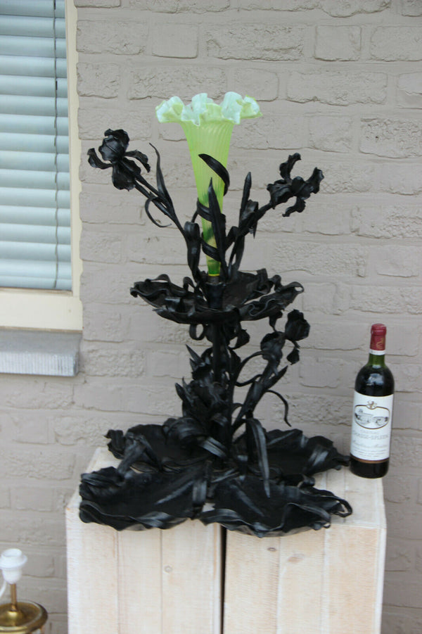 Huge Art nouveau Wrought iron Centerpiece table vase uranium glass Van Boeckel
