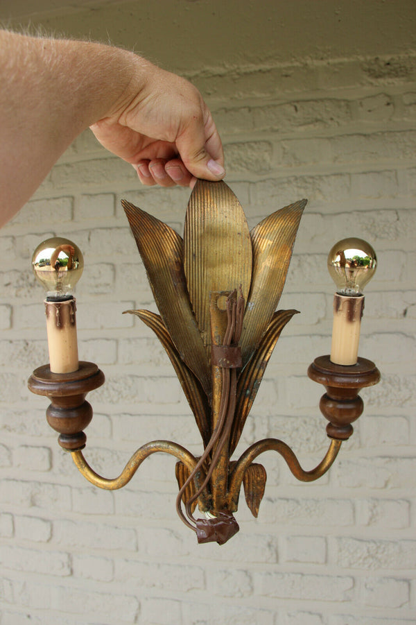 Hollywood regency PAIR Metal gold gilt wood wall lights sconces attr. jansen
