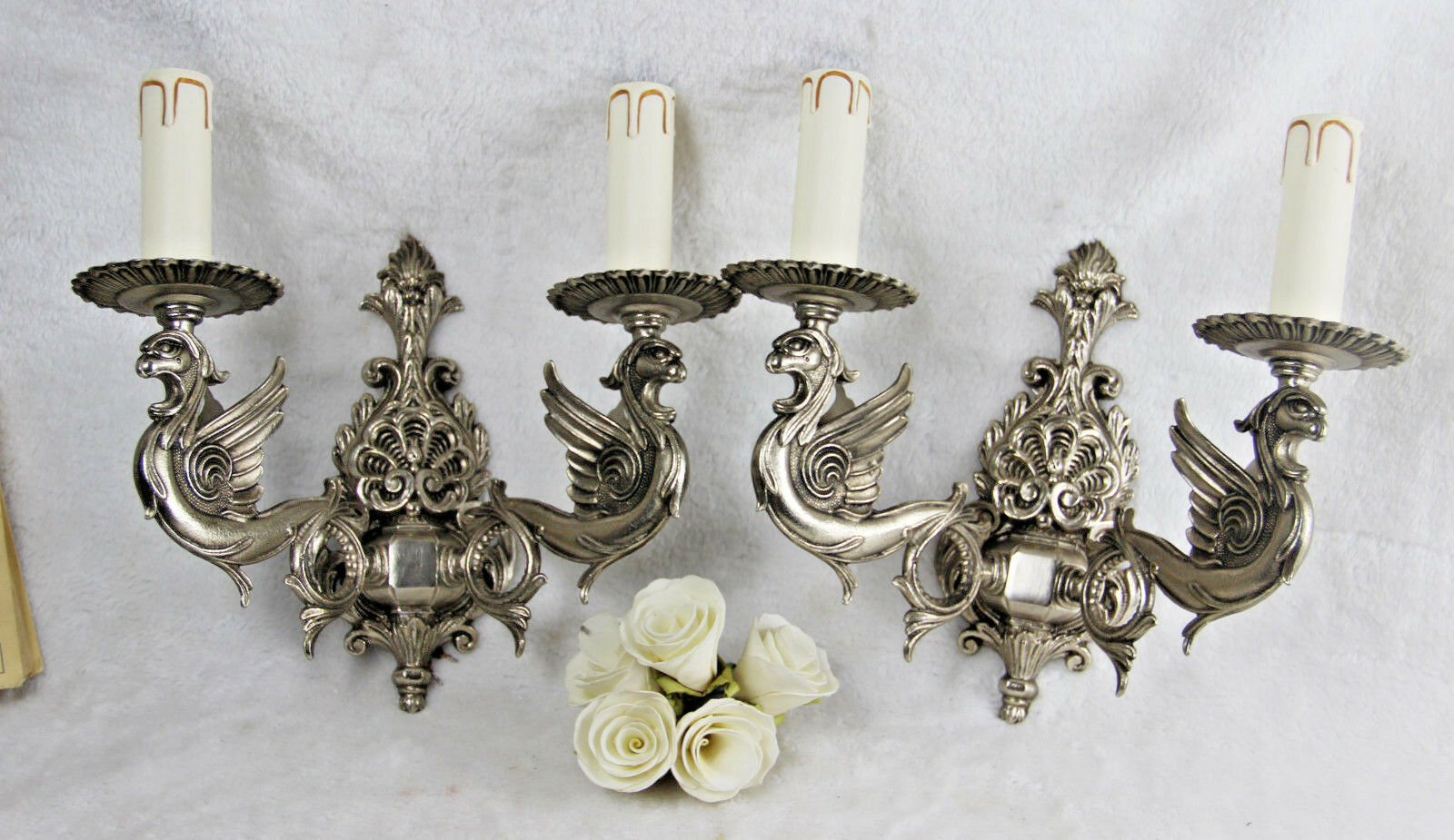 PAIR French gothic castle Dragon Chimaera Wall lights sconces silver patina