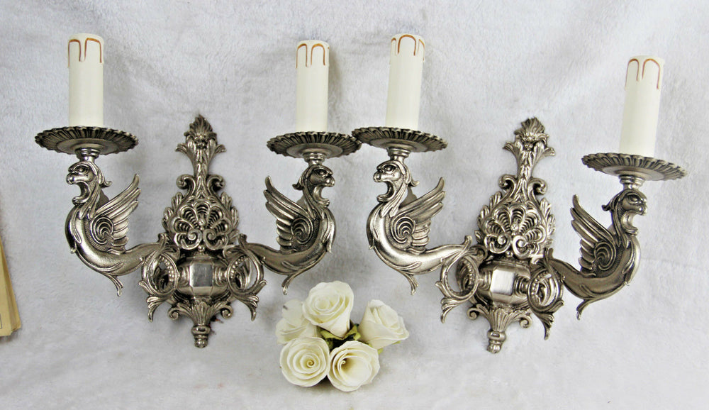 PAIR French gothic castle Dragon Chimaera Wall lights sconces silver patina
