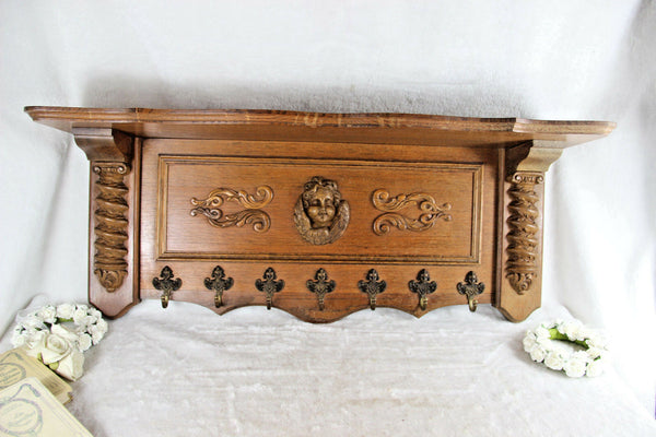Antique Flemish wood oak carved coat rack wall putti heads 1930
