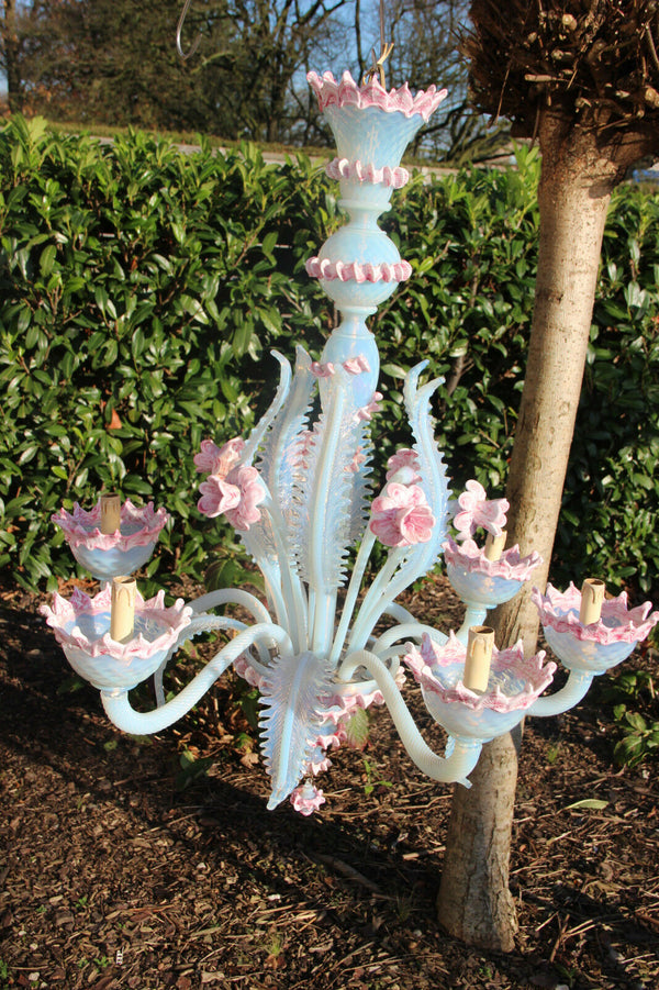 Pink Murano hand blown glass 6 arms Venetian Chandelier lamp mid century 1970